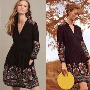 Floreat Anthropologie Black Embroidered Avery Mini Dress Sm